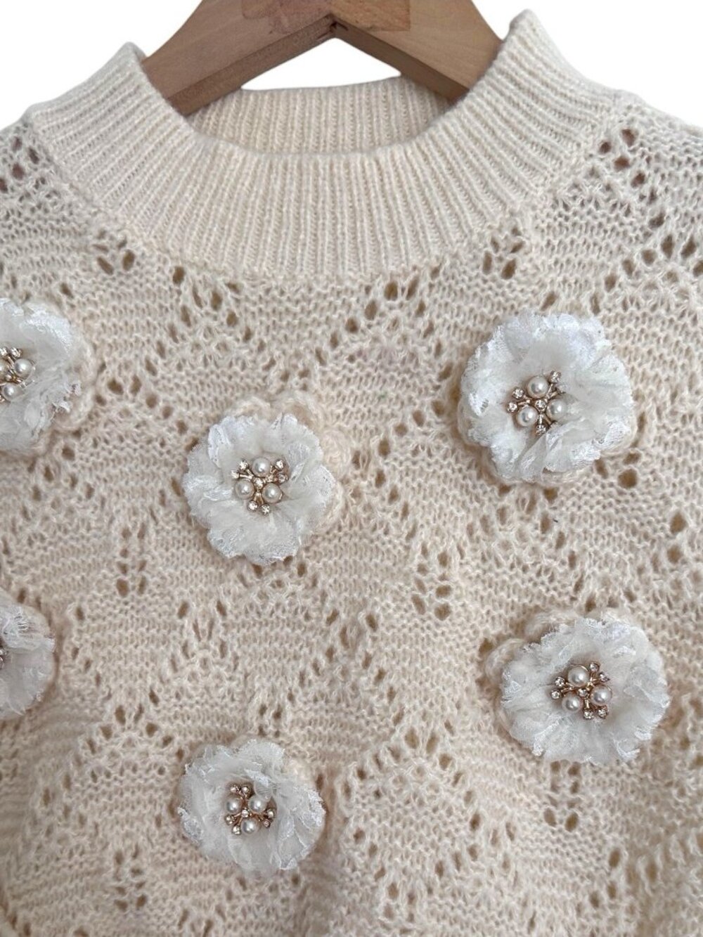 Women Crop Top Knit 3D Lace Flower Pearl Appliques Ivory SZ PS Crew Neck Stretch - Picture 8 of 11